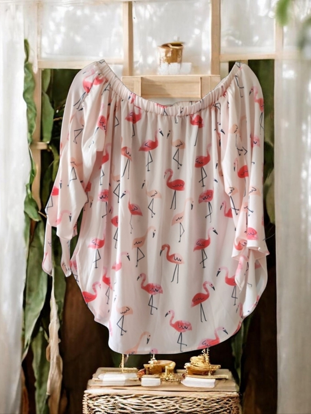 Tickled Teal Flamingo Print Off-the-Shoulder Peasant Top - Blush Pink 3/4 Sleeve - Picture 1 of 9